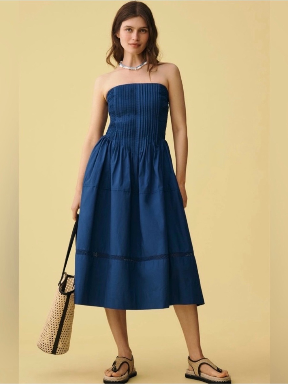 Strapless Smocked Midi Dress in Deep Navy